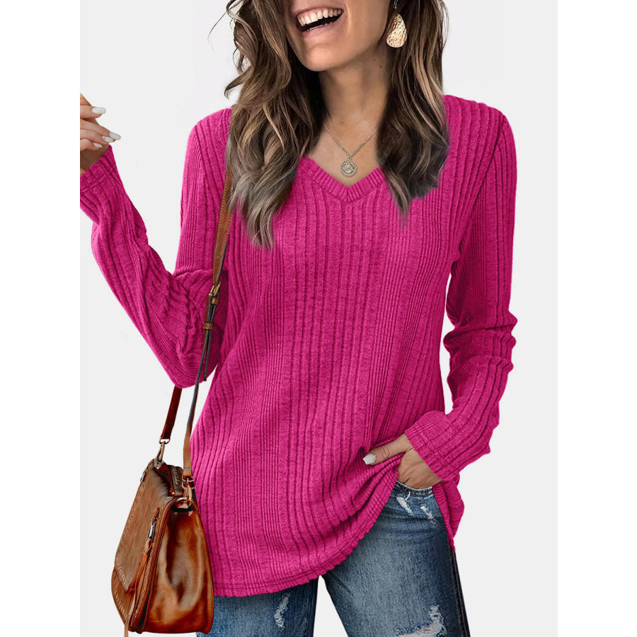 V-Neck Long Sleeve T-Shirt Hot Pink / S Apparel and Accessories