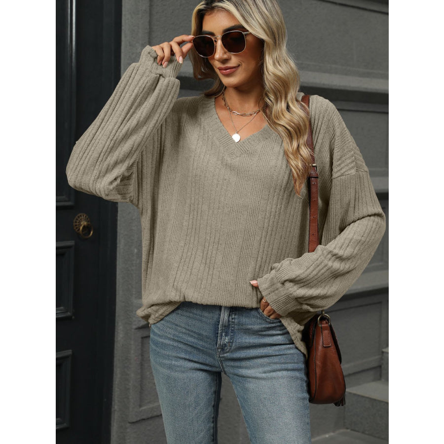 V-Neck Long Sleeve T-Shirt Khaki / S Apparel and Accessories