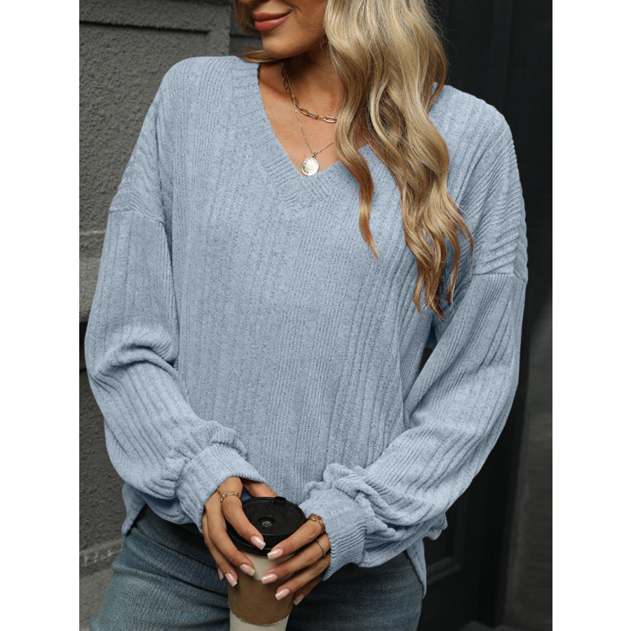 V-Neck Long Sleeve T-Shirt Light Blue / S Apparel and Accessories