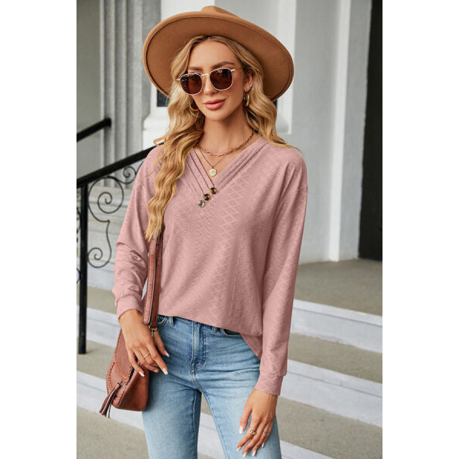 V - Neck Long Sleeve T - Shirt Light Mauve / S Apparel and Accessories