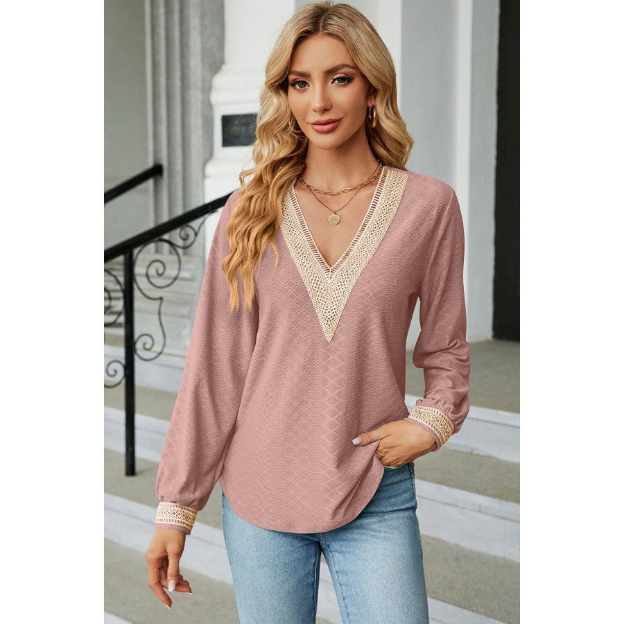 V - Neck Long Sleeve T - Shirt Light Mauve / S Apparel and Accessories