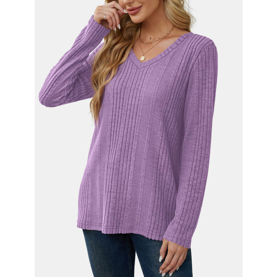 V-Neck Long Sleeve T-Shirt Lilac / S Apparel and Accessories