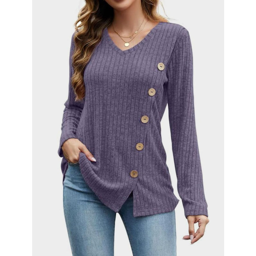V-Neck Long Sleeve T-Shirt Mauve / S Apparel and Accessories