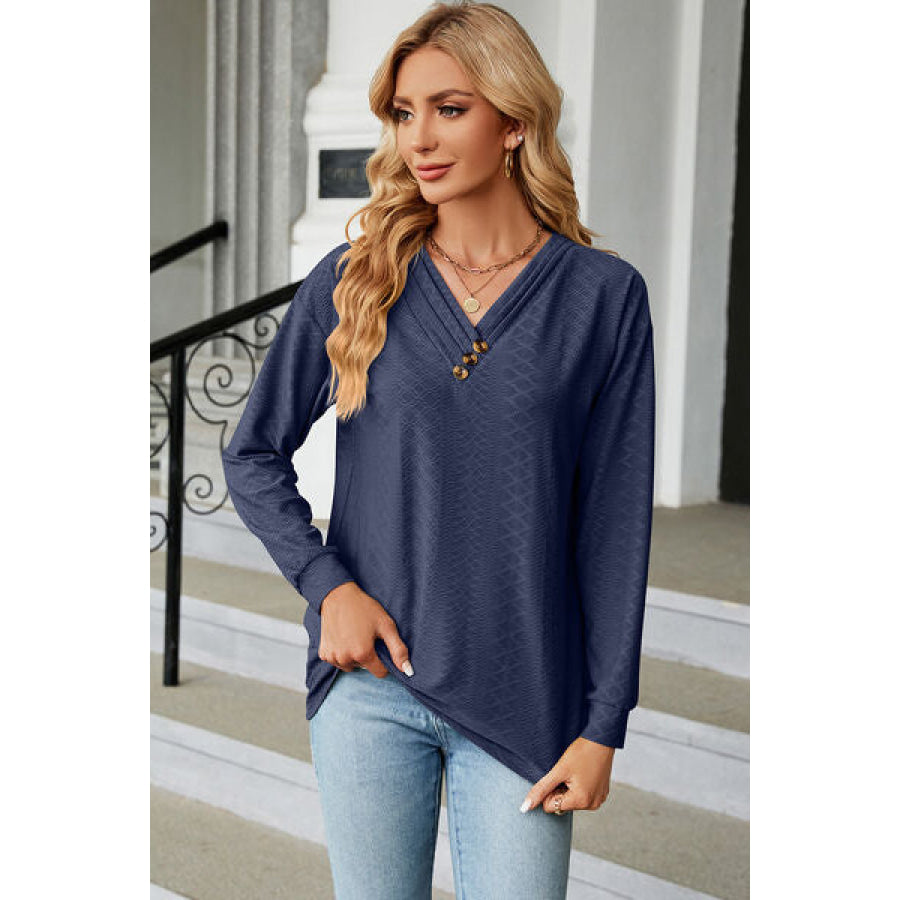 V - Neck Long Sleeve T - Shirt Navy / S Apparel and Accessories