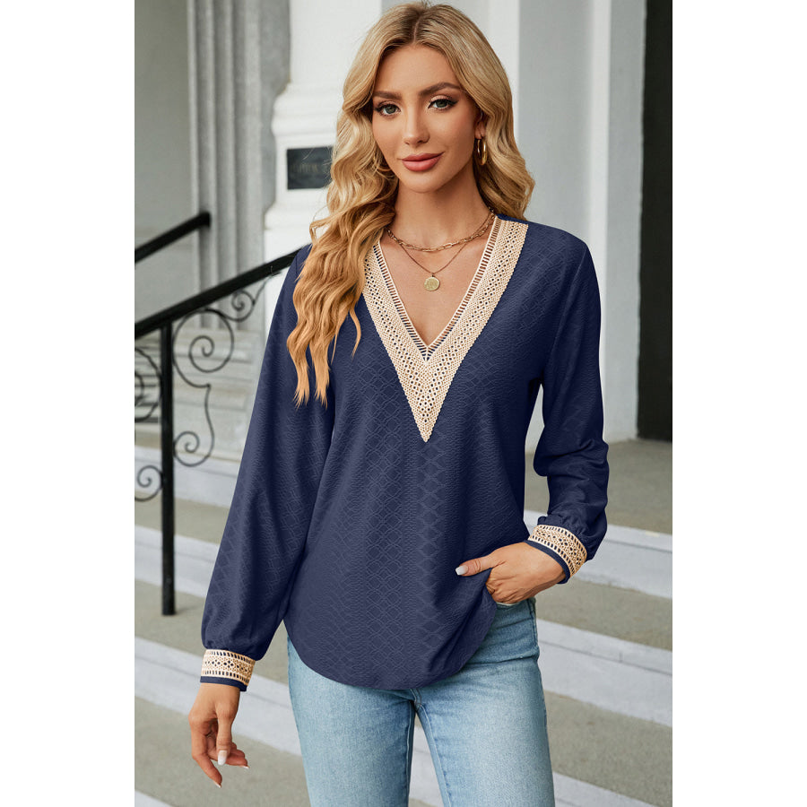 V - Neck Long Sleeve T - Shirt Navy / S Apparel and Accessories