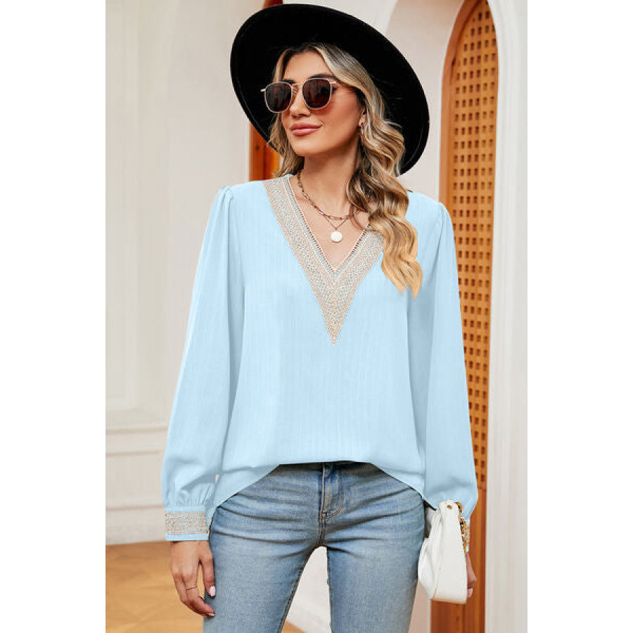 V - Neck Long Sleeve T - Shirt Pastel Blue / S Apparel and Accessories
