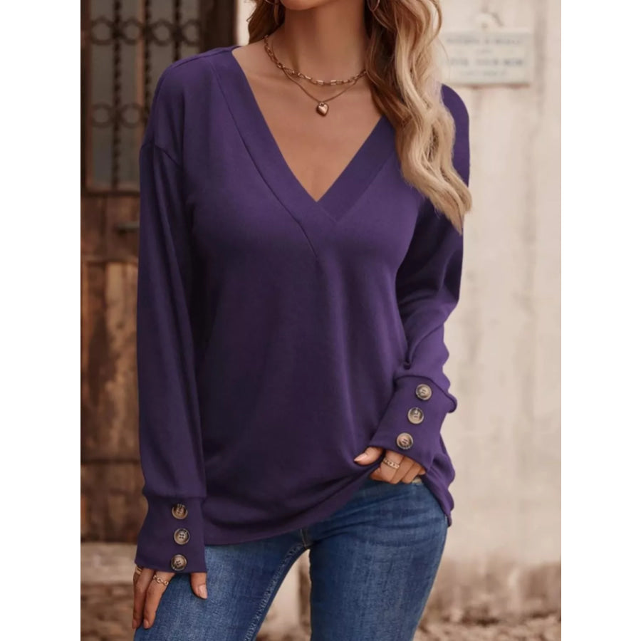 V-Neck Long Sleeve T-Shirt Plum Purple / S Apparel and Accessories