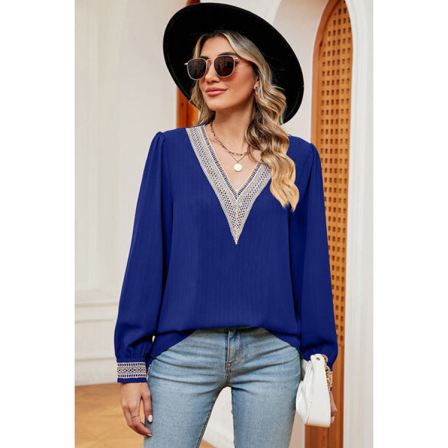 V - Neck Long Sleeve T - Shirt Royal Blue / S Apparel and Accessories