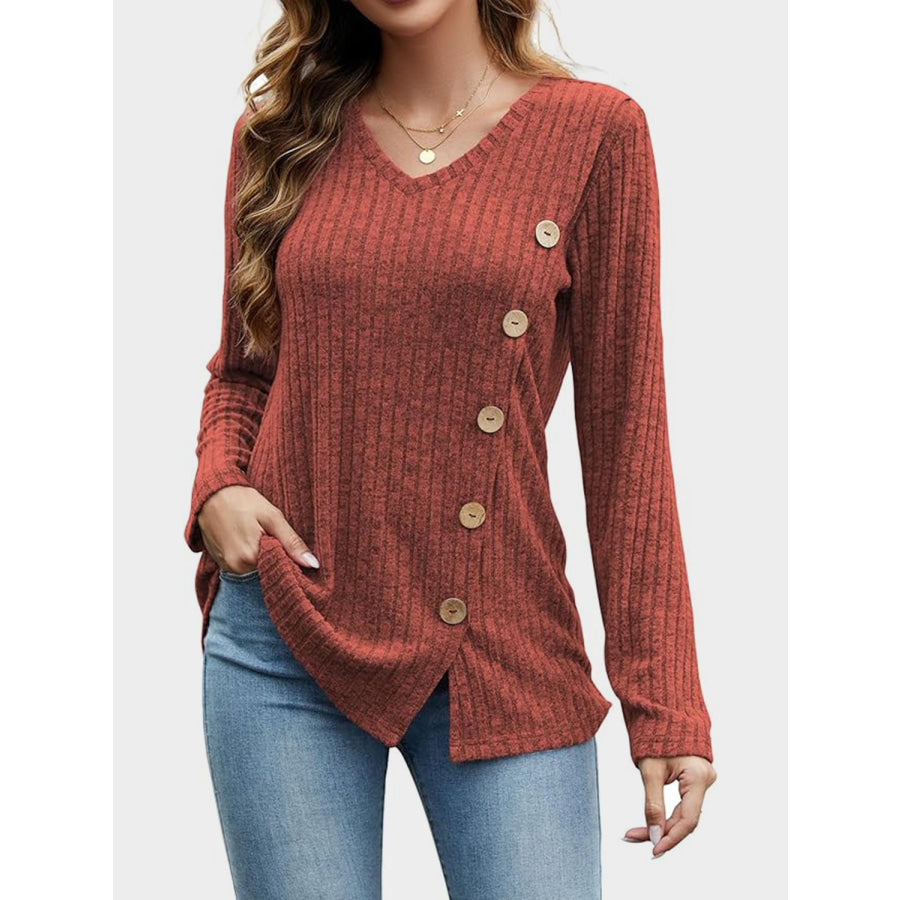 V-Neck Long Sleeve T-Shirt Rust / S Apparel and Accessories
