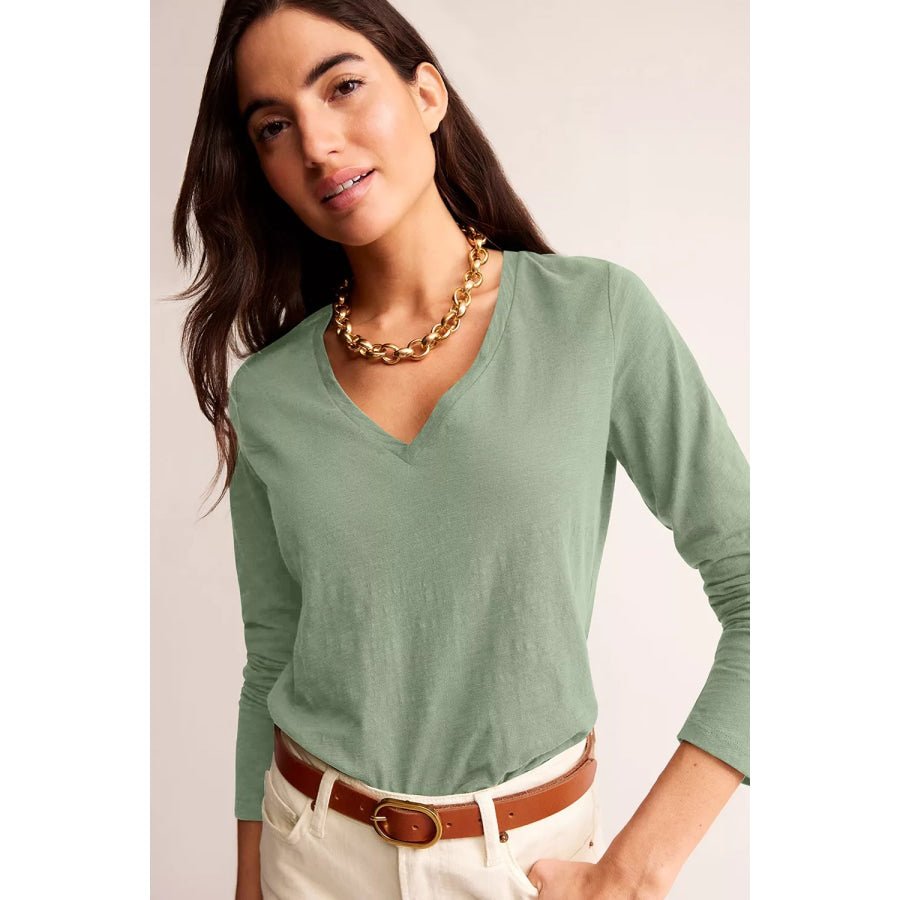 V-Neck Long Sleeve T-Shirt Sage / S Apparel and Accessories