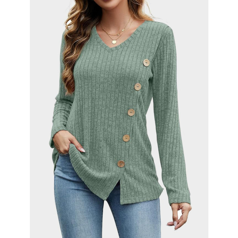 V-Neck Long Sleeve T-Shirt Sage / S Apparel and Accessories