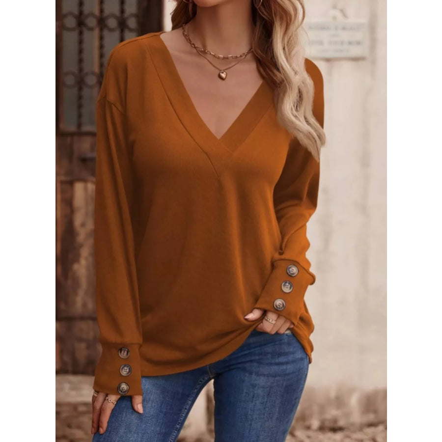 V-Neck Long Sleeve T-Shirt Terracotta / S Apparel and Accessories