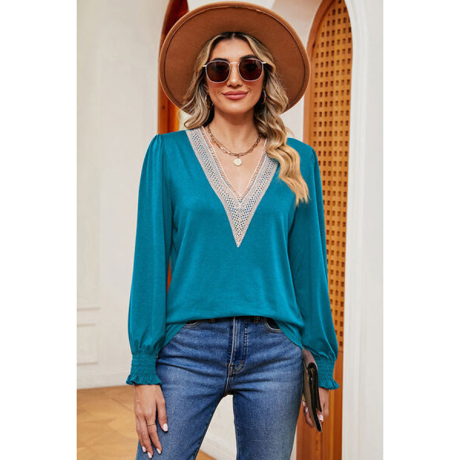 V - Neck Long Sleeve T - Shirt Turquoise / S Apparel and Accessories