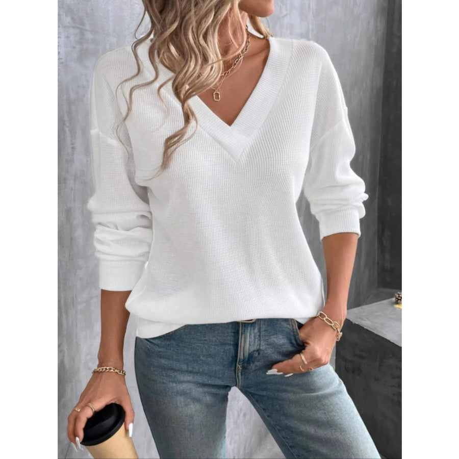 V-Neck Long Sleeve T-Shirt White / S Apparel and Accessories