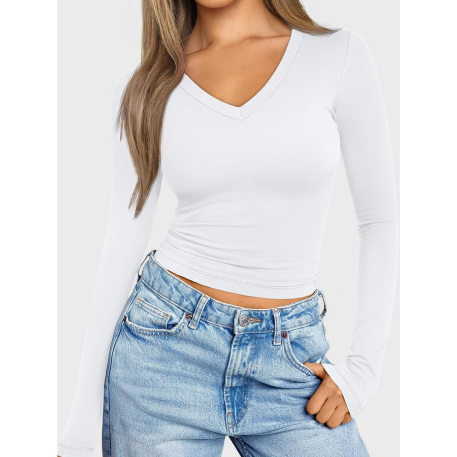 V-Neck Long Sleeve T-Shirt White / S Apparel and Accessories