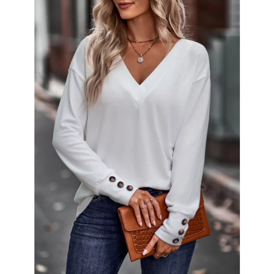 V-Neck Long Sleeve T-Shirt White / S Apparel and Accessories
