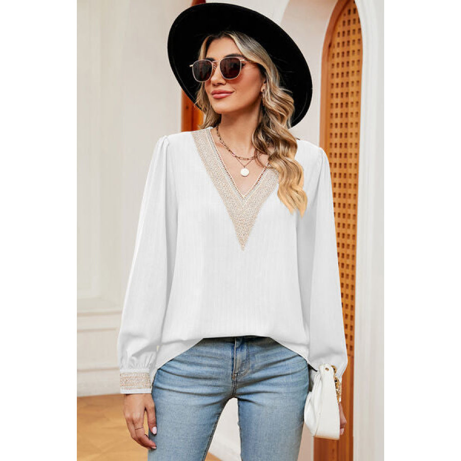 V - Neck Long Sleeve T - Shirt White / S Apparel and Accessories