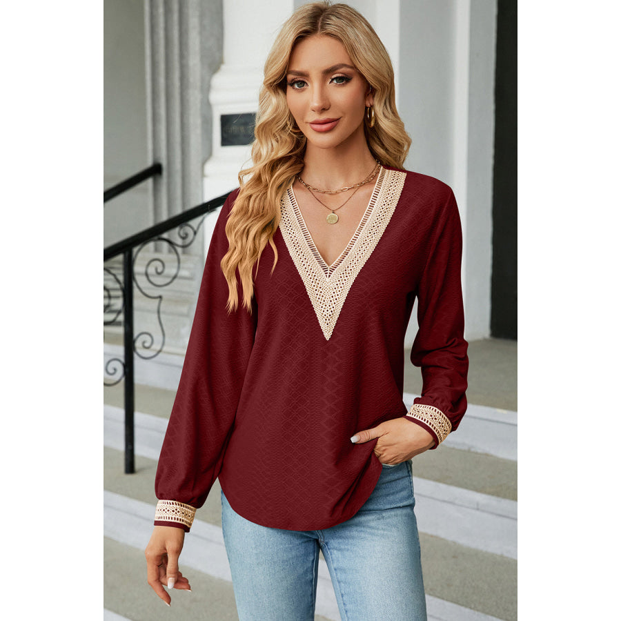 V - Neck Long Sleeve T - Shirt Wine / S Apparel and Accessories
