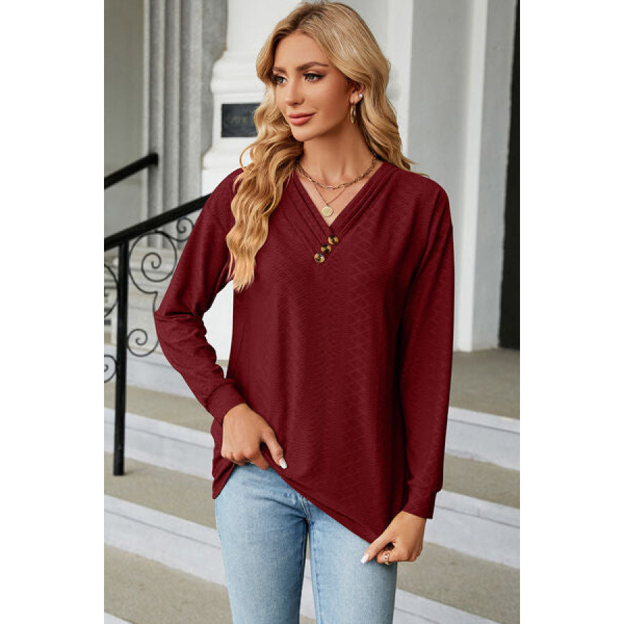 V - Neck Long Sleeve T - Shirt Wine / S Apparel and Accessories