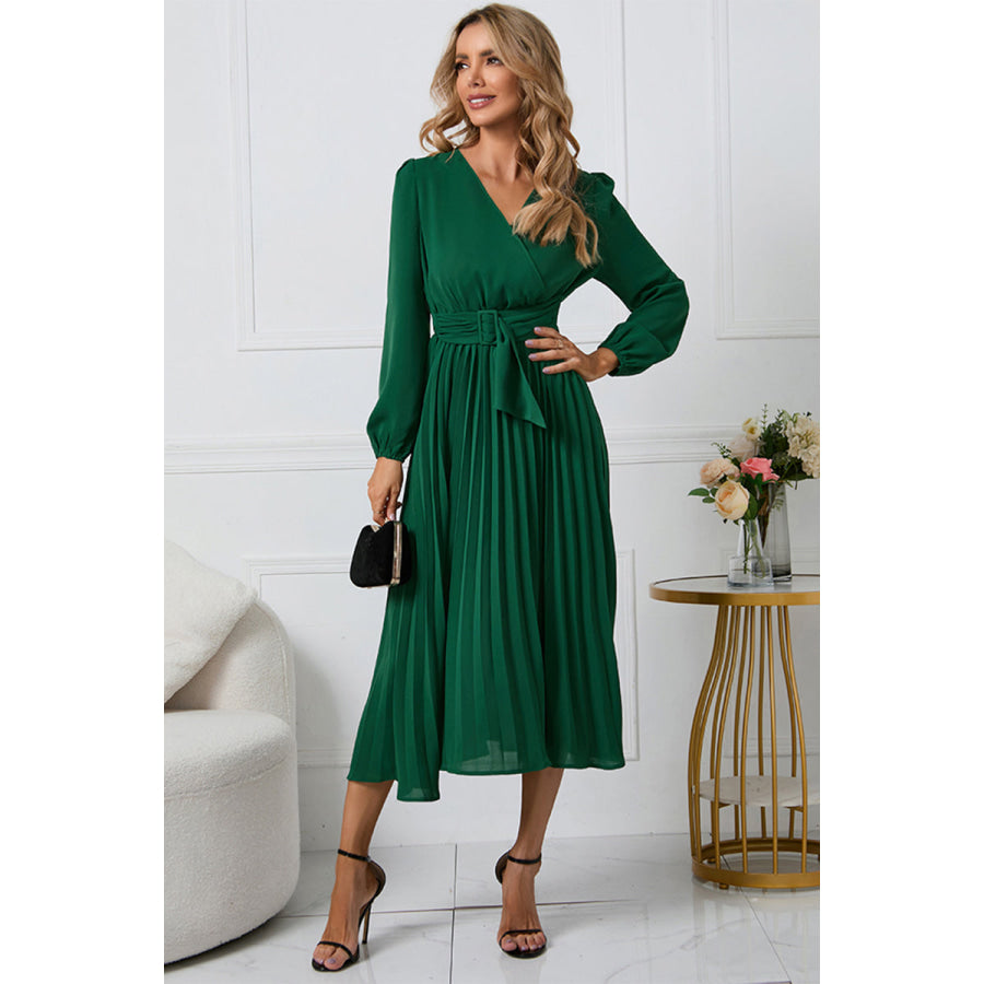 V-Neck Long Sleeve Tie Waist Midi Dress Apparel and Accessories