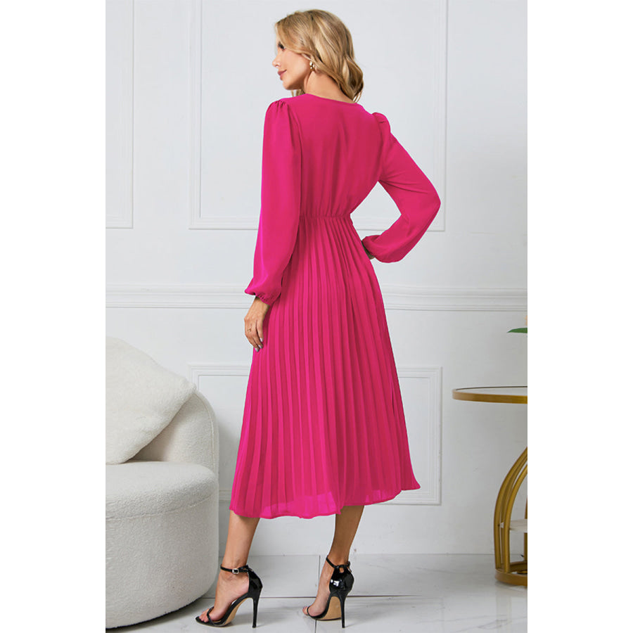 V-Neck Long Sleeve Tie Waist Midi Dress Apparel and Accessories