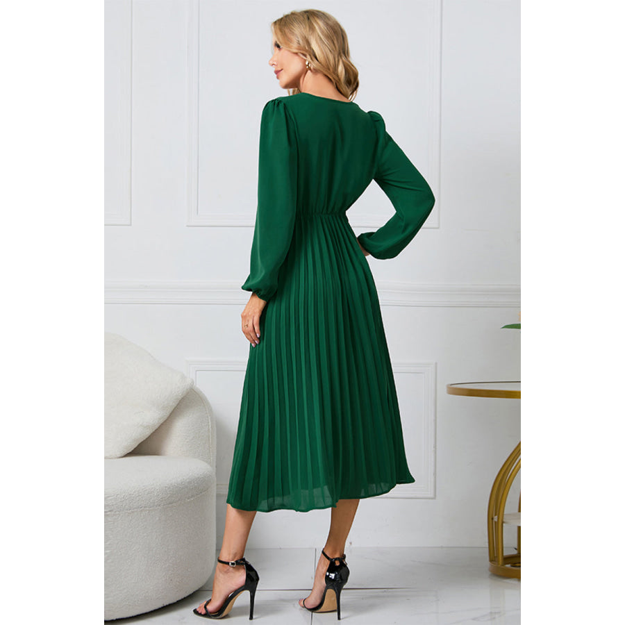 V-Neck Long Sleeve Tie Waist Midi Dress Apparel and Accessories