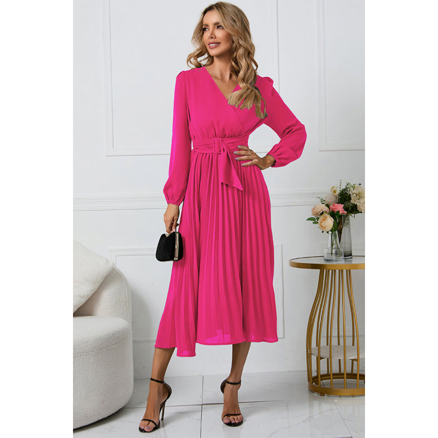 V-Neck Long Sleeve Tie Waist Midi Dress Apparel and Accessories