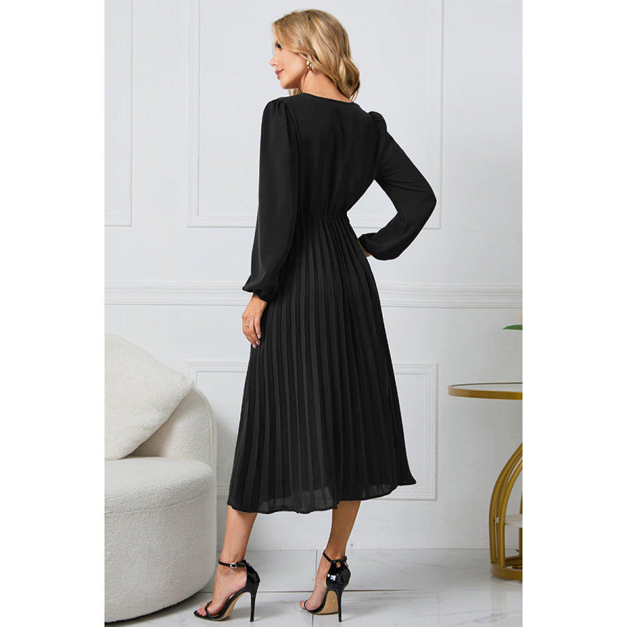 V-Neck Long Sleeve Tie Waist Midi Dress Apparel and Accessories