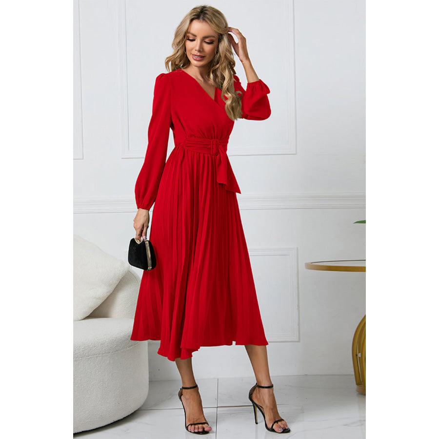 V-Neck Long Sleeve Tie Waist Midi Dress Apparel and Accessories