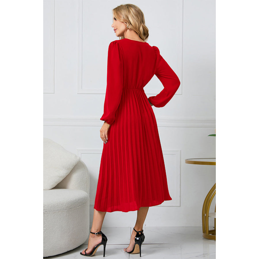 V-Neck Long Sleeve Tie Waist Midi Dress Apparel and Accessories