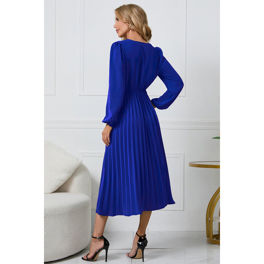 V-Neck Long Sleeve Tie Waist Midi Dress Apparel and Accessories