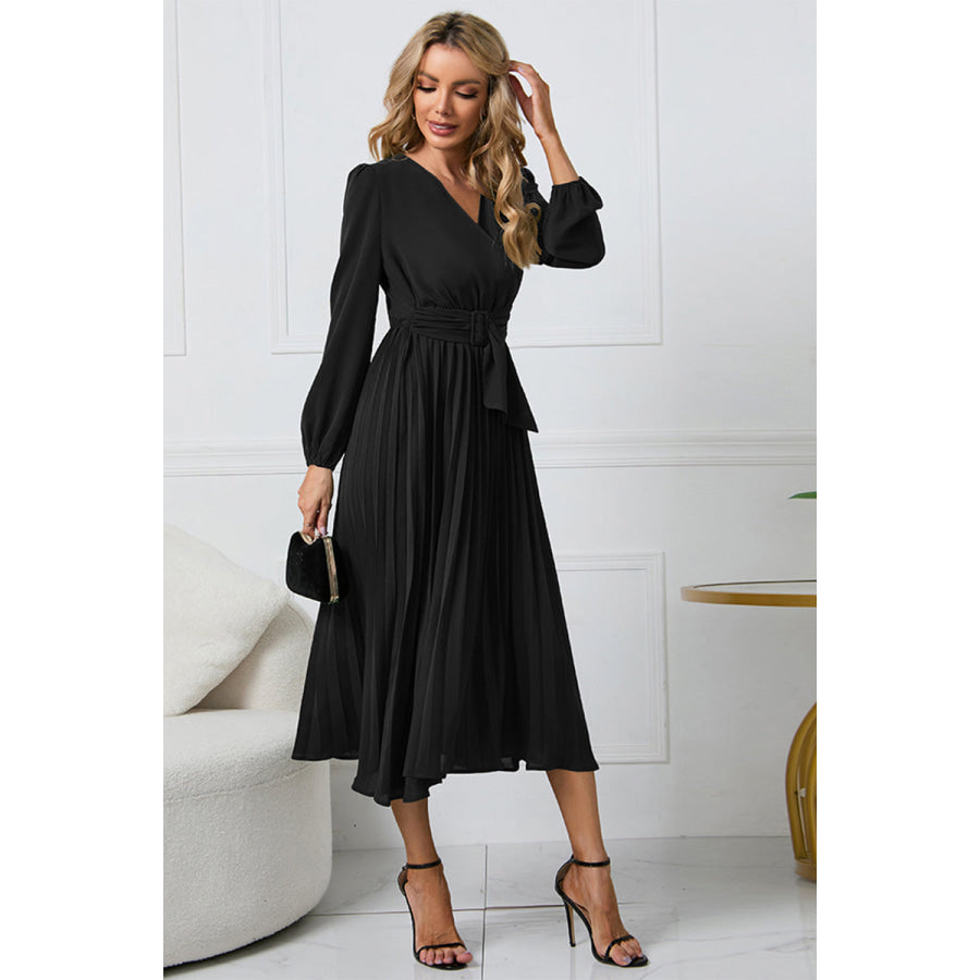 V-Neck Long Sleeve Tie Waist Midi Dress Black / S Apparel and Accessories