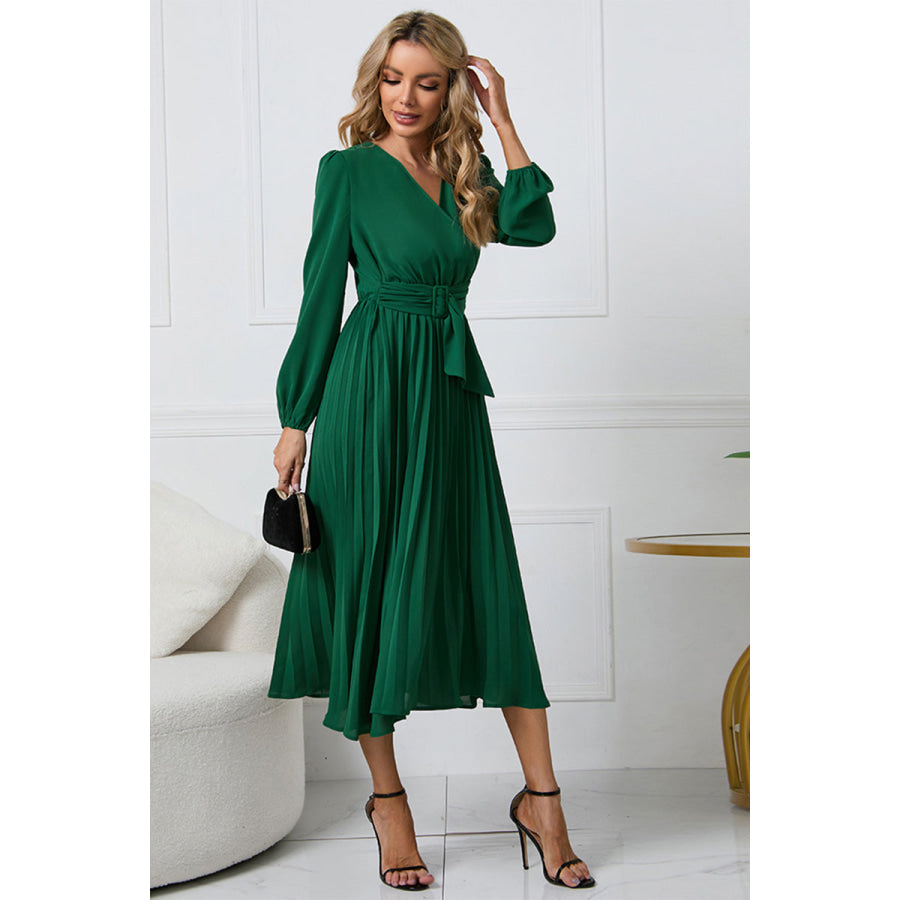 V-Neck Long Sleeve Tie Waist Midi Dress Dark Green / S Apparel and Accessories