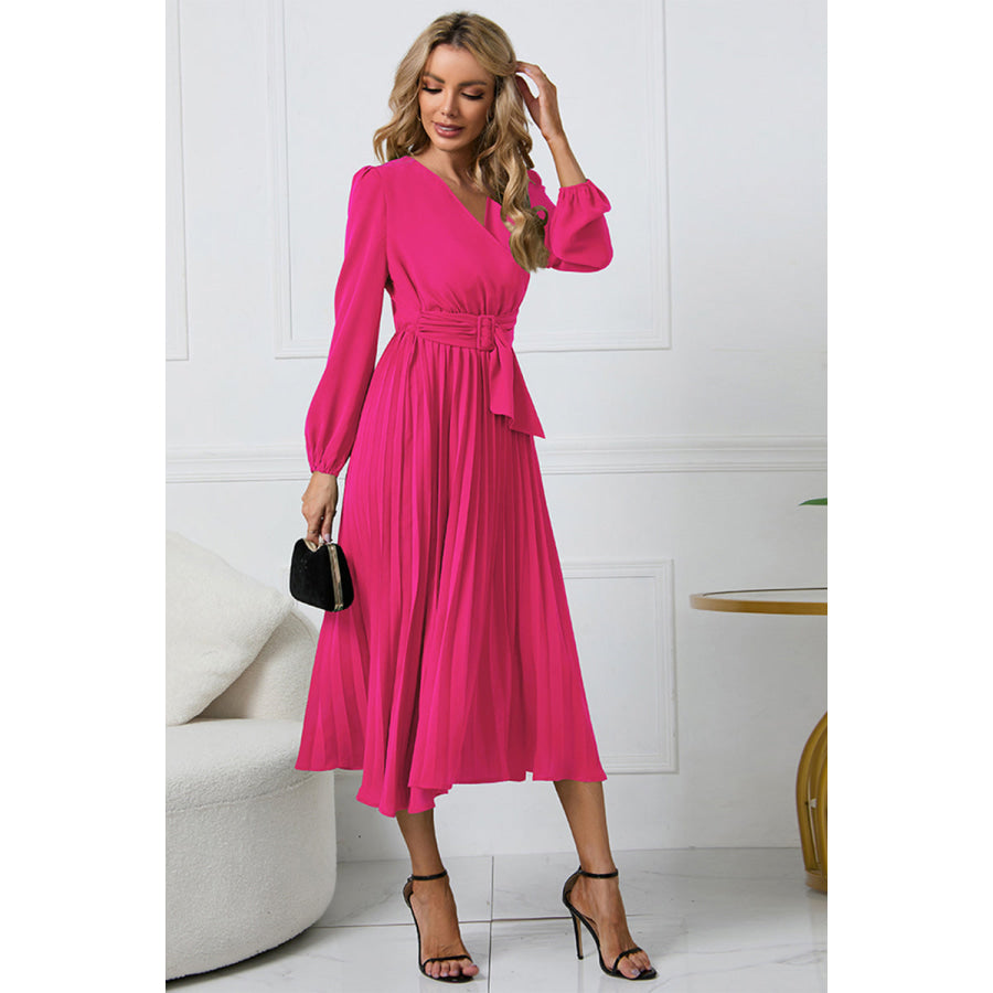 V-Neck Long Sleeve Tie Waist Midi Dress Hot Pink / S Apparel and Accessories