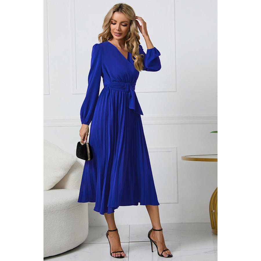 V-Neck Long Sleeve Tie Waist Midi Dress Royal Blue / S Apparel and Accessories