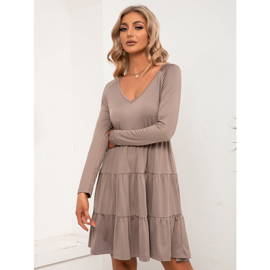 V-Neck Long Sleeve Tiered Dress Apparel and Accessories