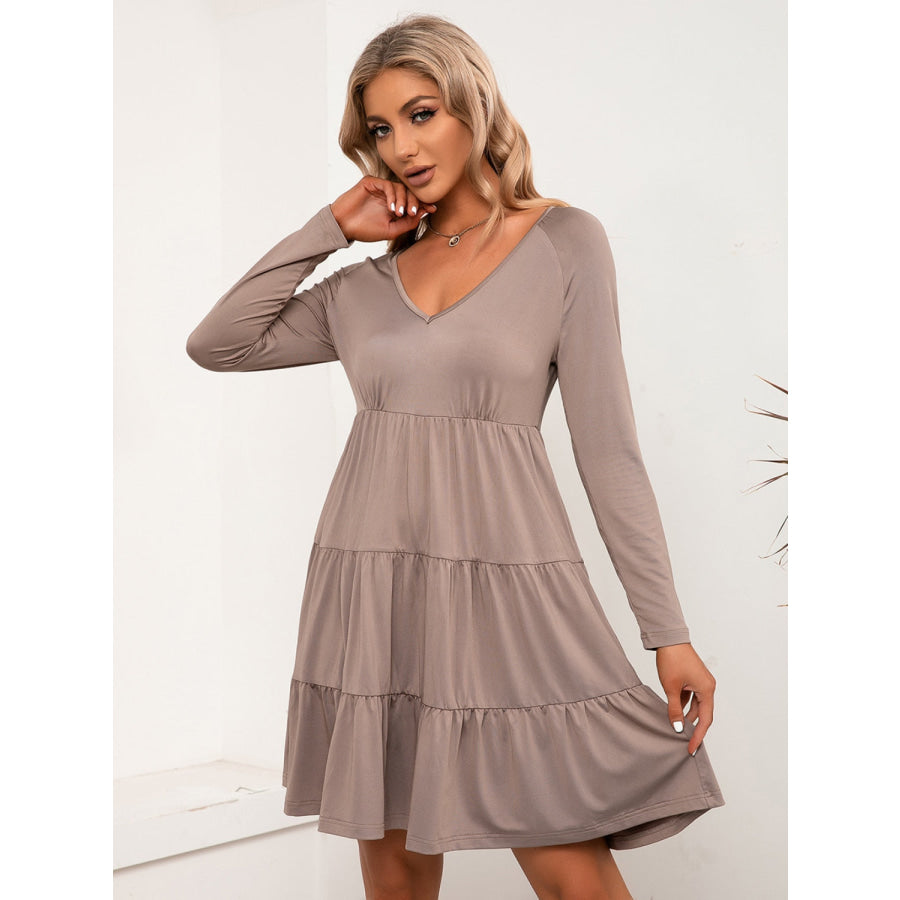 V-Neck Long Sleeve Tiered Dress Apparel and Accessories