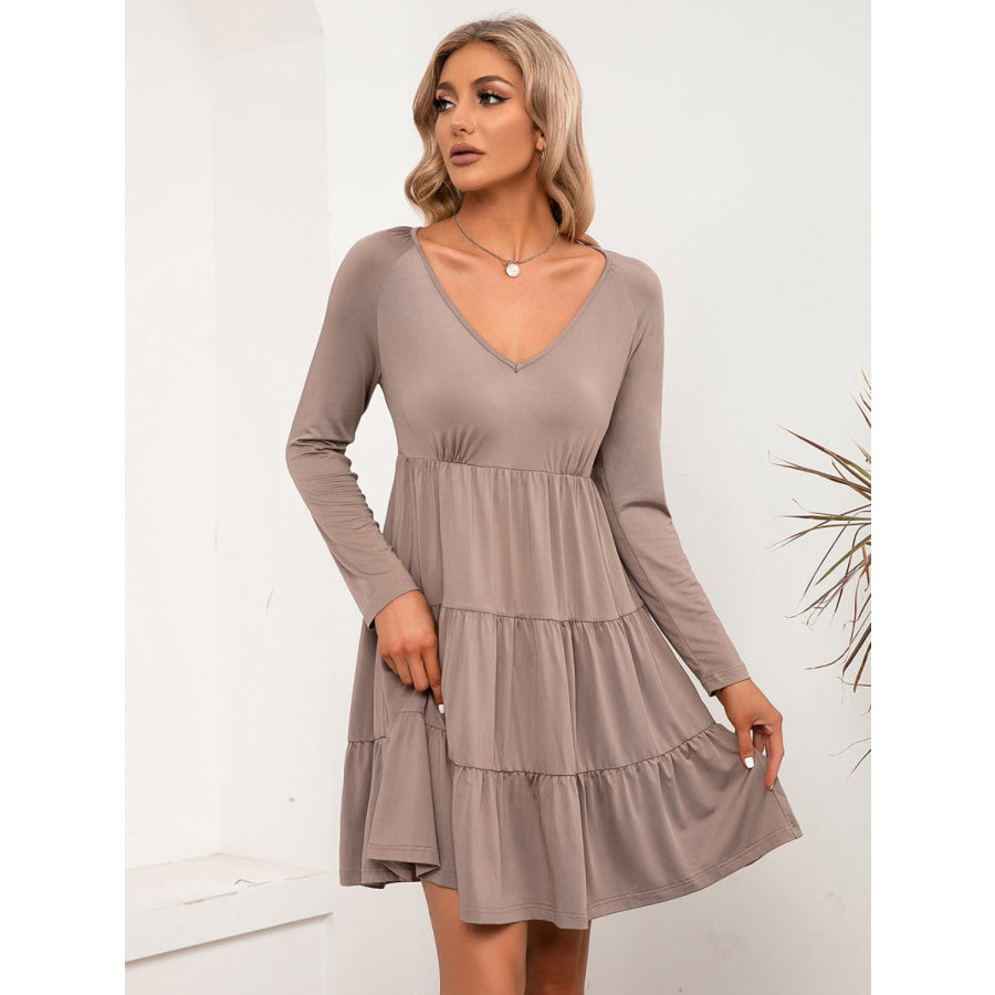 V-Neck Long Sleeve Tiered Dress Mocha / S Apparel and Accessories