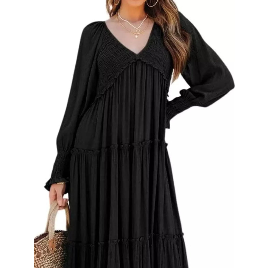 V-Neck Long Sleeve Tiered Maxi Dress Apparel and Accessories