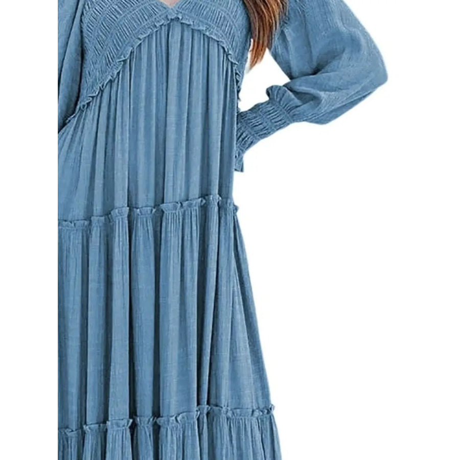 V-Neck Long Sleeve Tiered Maxi Dress Apparel and Accessories