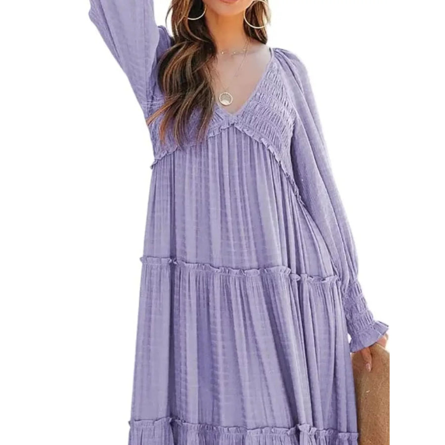 V-Neck Long Sleeve Tiered Maxi Dress Apparel and Accessories