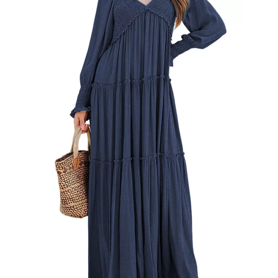 V-Neck Long Sleeve Tiered Maxi Dress Apparel and Accessories