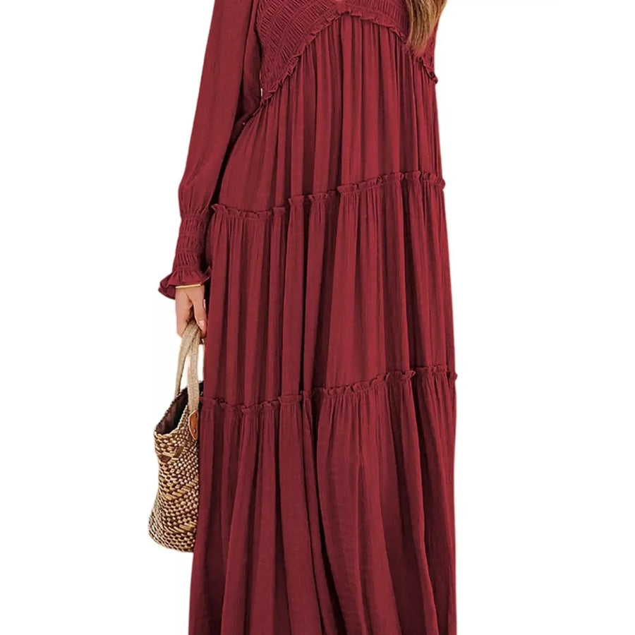 V-Neck Long Sleeve Tiered Maxi Dress Apparel and Accessories