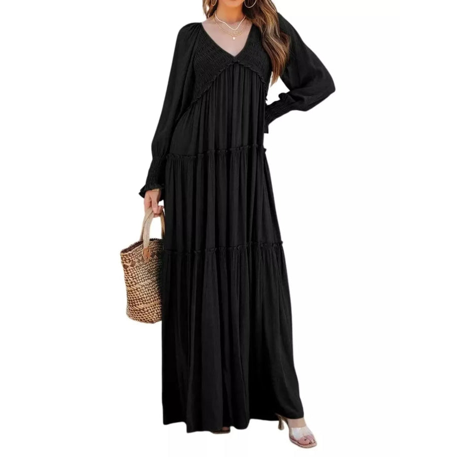 V-Neck Long Sleeve Tiered Maxi Dress Apparel and Accessories