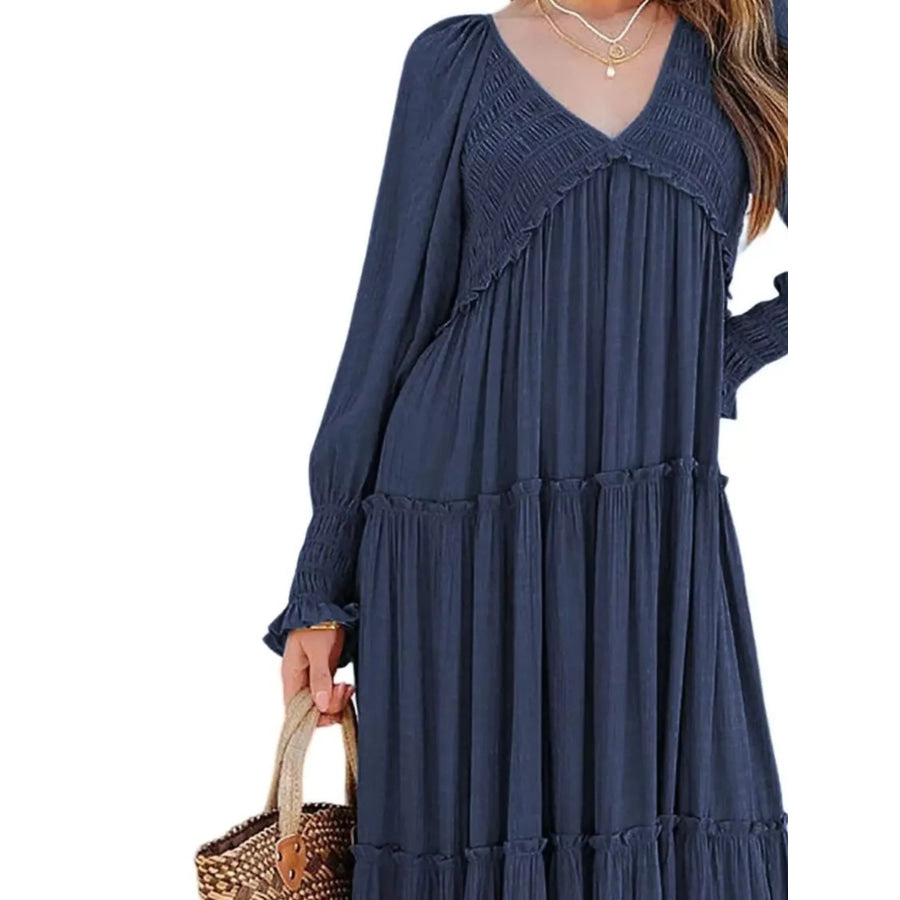 V-Neck Long Sleeve Tiered Maxi Dress Apparel and Accessories