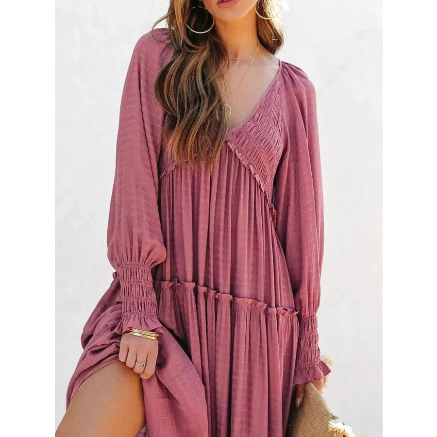 V-Neck Long Sleeve Tiered Maxi Dress Apparel and Accessories