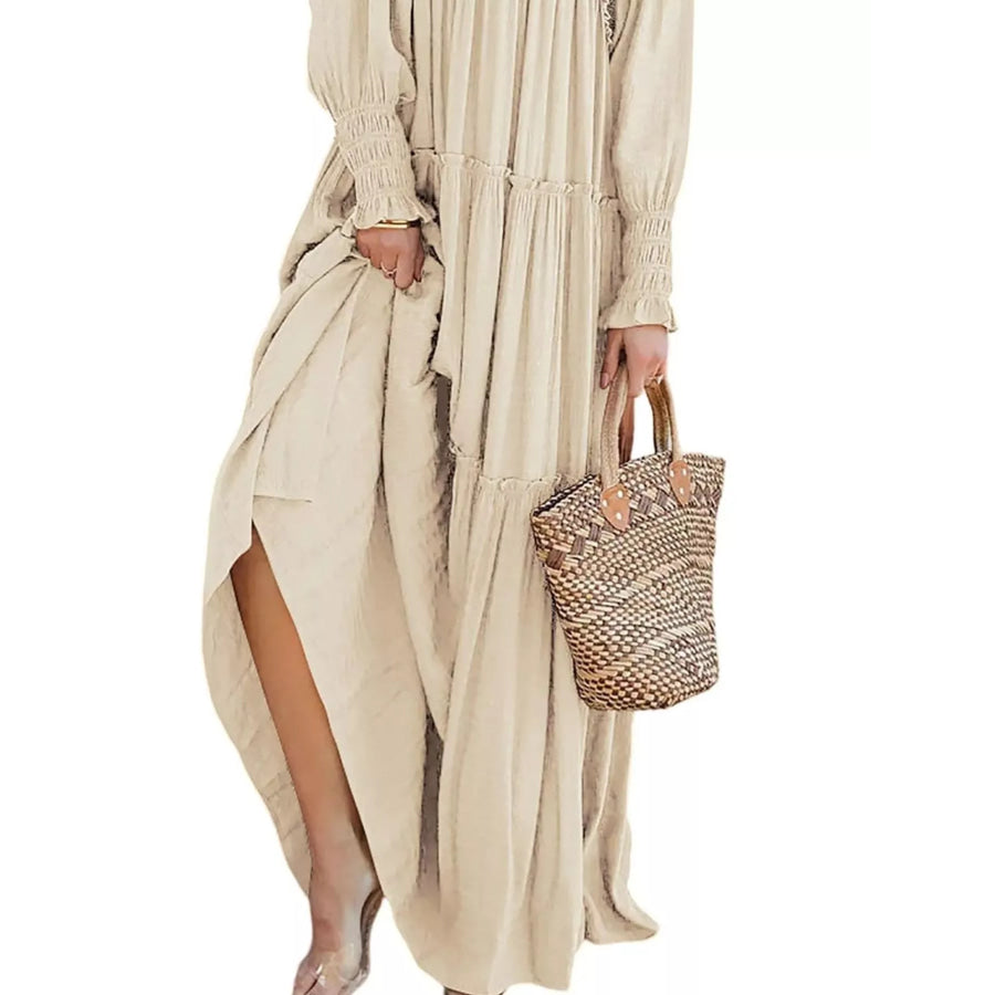 V-Neck Long Sleeve Tiered Maxi Dress Apparel and Accessories