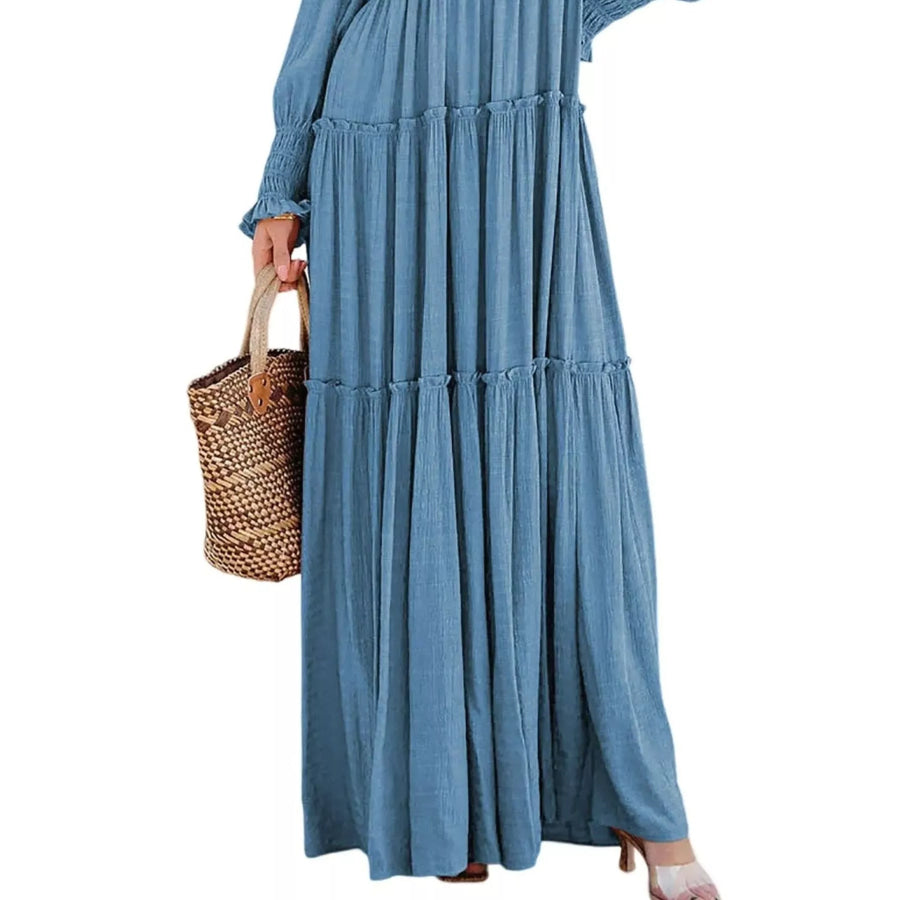 V-Neck Long Sleeve Tiered Maxi Dress Apparel and Accessories