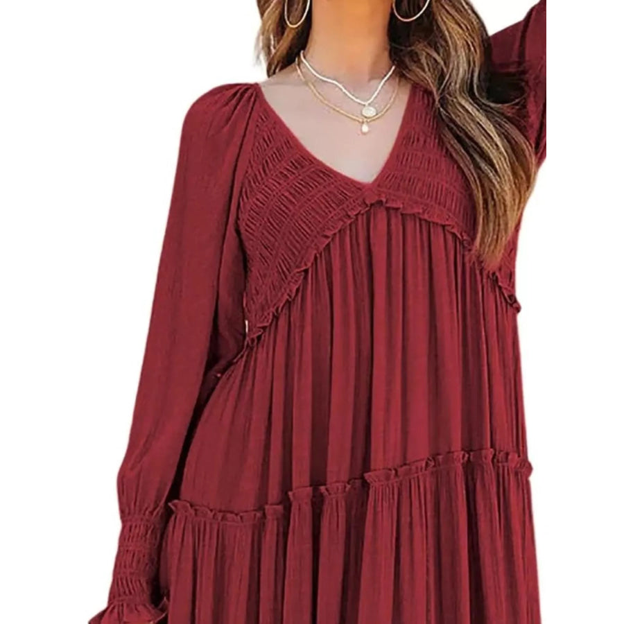 V-Neck Long Sleeve Tiered Maxi Dress Apparel and Accessories