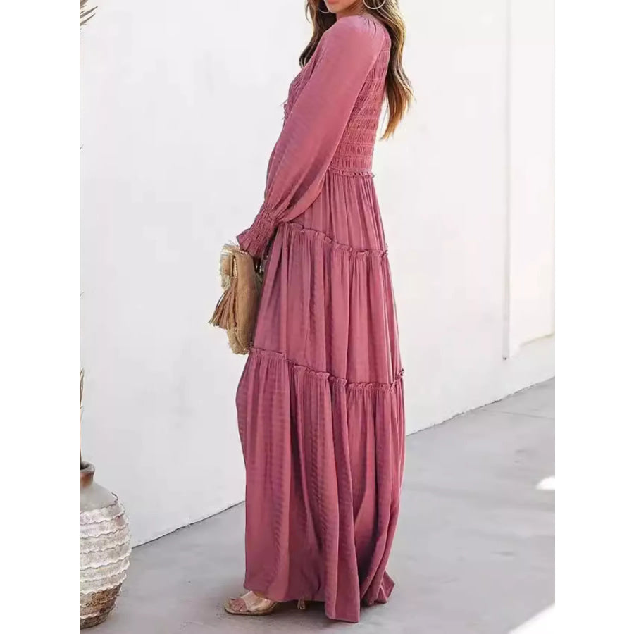 V-Neck Long Sleeve Tiered Maxi Dress Apparel and Accessories